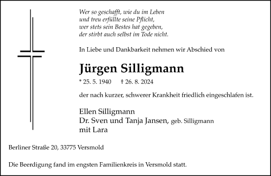 Traueranzeige von Jürgen Silligmann von Neue Westfälische