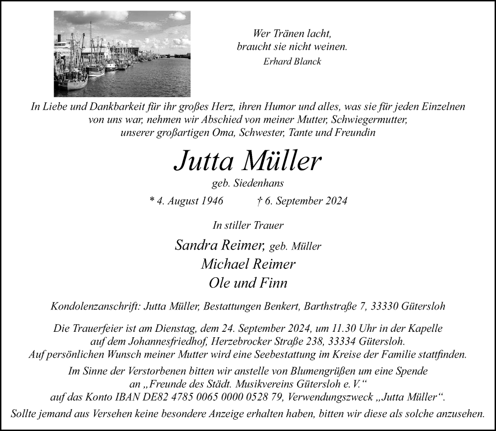  Traueranzeige für Jutta Müller vom 11.09.2024 aus Neue Westfälische