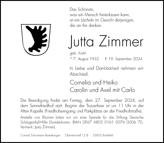 Traueranzeige von Jutta Zimmer von Neue Westfälische