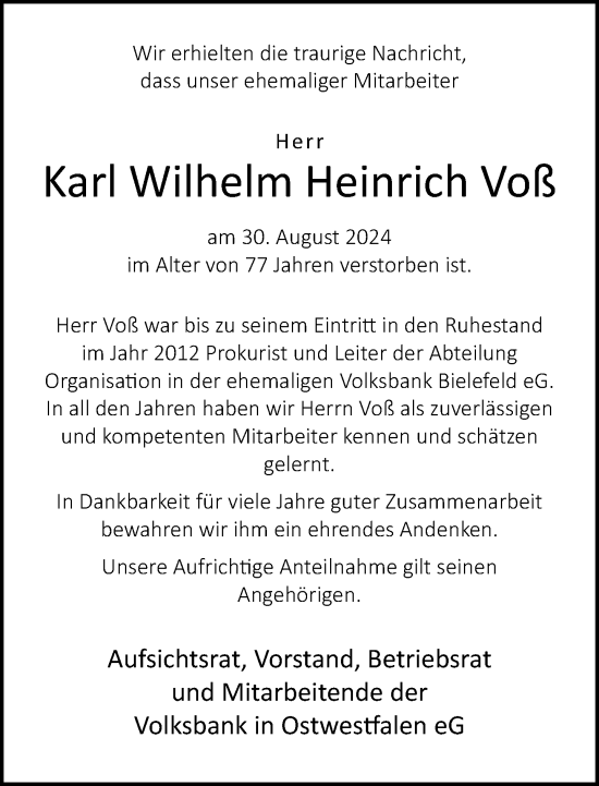 Traueranzeige von Karl Wilhelm Heinrich Voß von Neue Westfälische