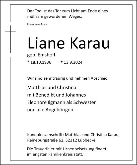 Traueranzeige von Liane Karau von Neue Westfälische