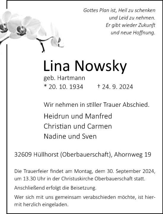 Traueranzeige von Lina Nowsky von Neue Westfälische