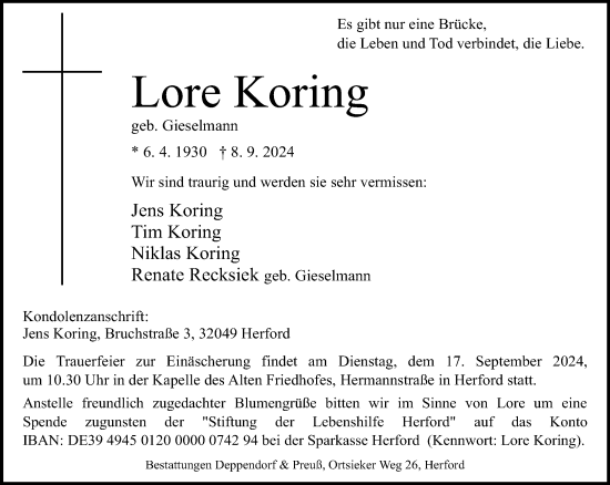 Traueranzeige von Lore Koring von Neue Westfälische