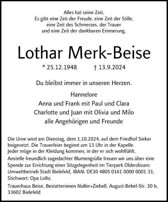 Traueranzeige von Lothar Merk-Beise von Neue Westfälische