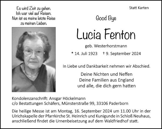 Traueranzeige von Lucia Fenton von Neue Westfälische