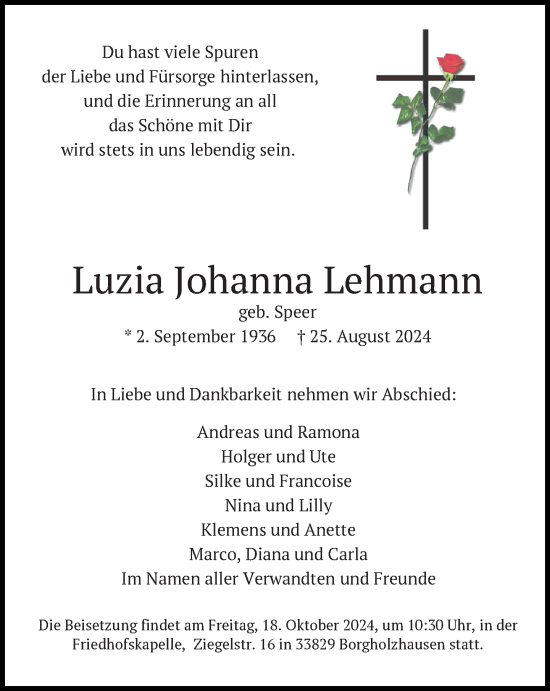 Traueranzeige von Luzia Johanna Lehmann von Neue Westfälische