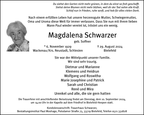 Traueranzeige von Magdalena Schwarzer von Neue Westfälische