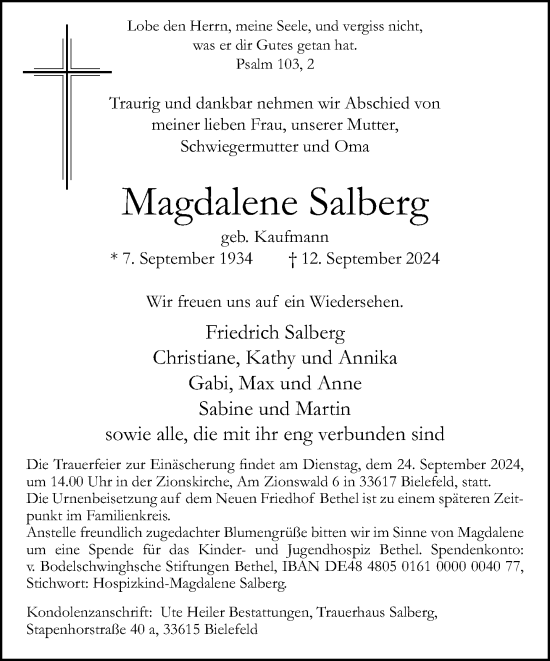 Traueranzeige von Magdalene Salberg von Neue Westfälische