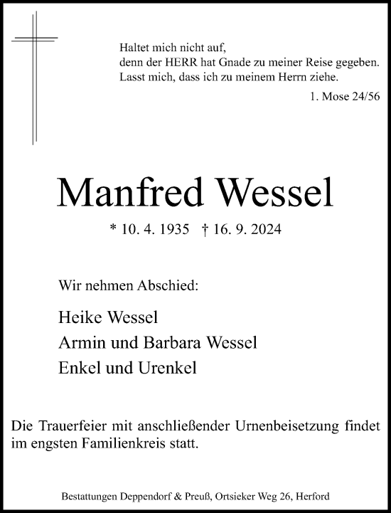 Traueranzeige von Manfred Wessel von Neue Westfälische