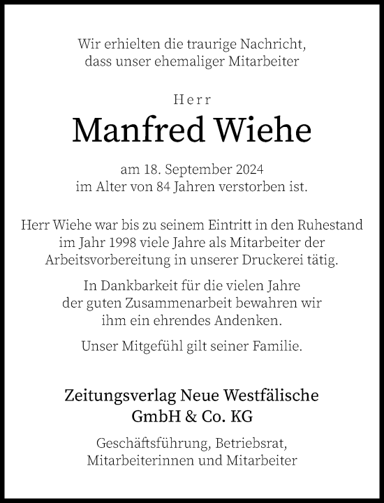 Traueranzeige von Manfred Wiehe von Neue Westfälische