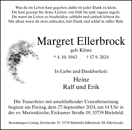 Traueranzeige von Margret Ellerbrock von Neue Westfälische