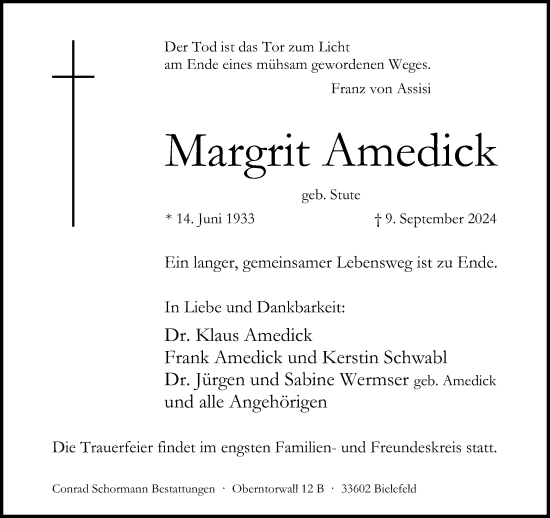 Traueranzeige von Margrit Amedick von Neue Westfälische