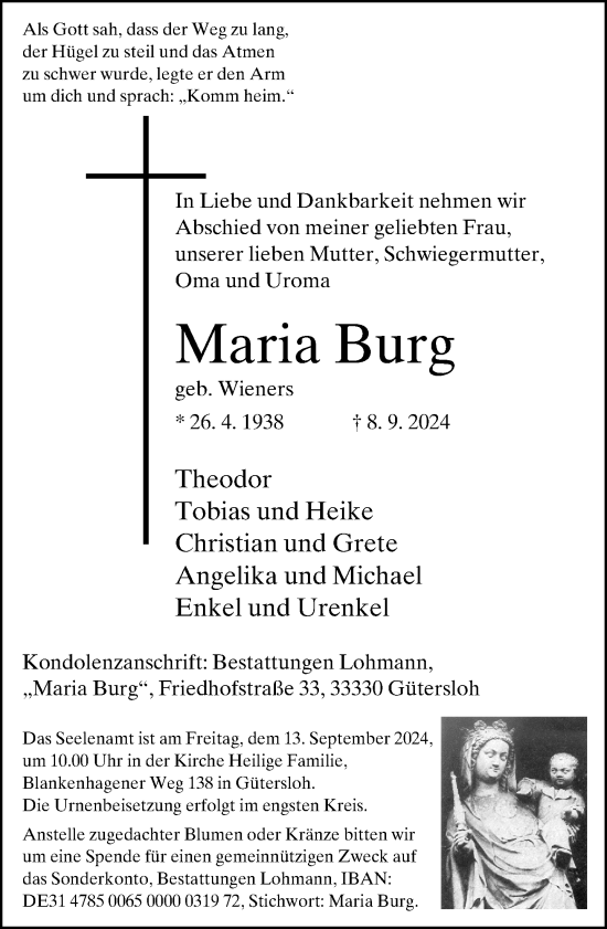 Traueranzeige von Maria Burg von Neue Westfälische