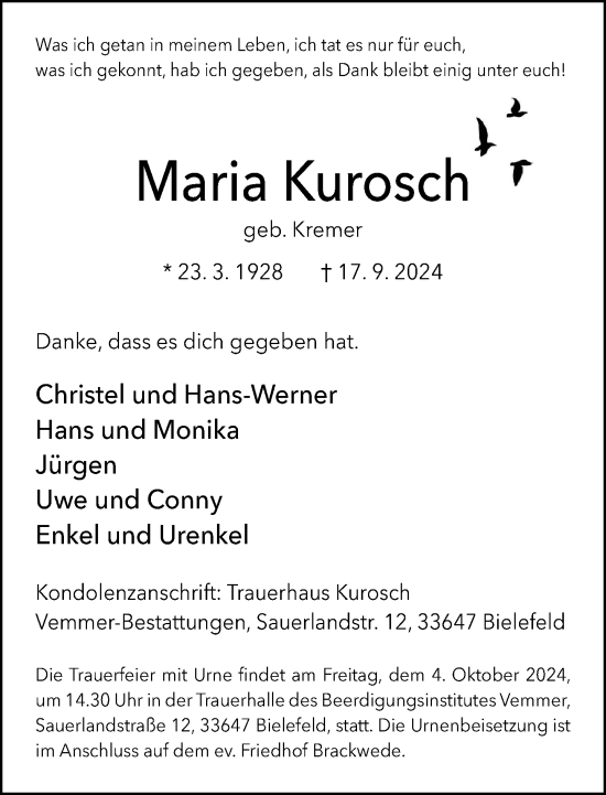 Traueranzeige von Maria Kurosch von Neue Westfälische