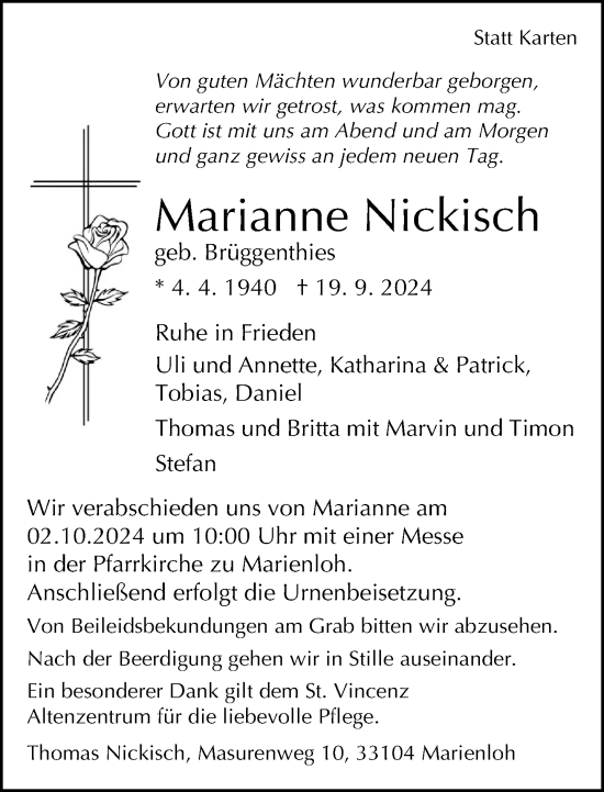 Traueranzeige von Marianne Nickisch von Neue Westfälische