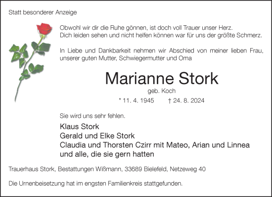 Traueranzeige von Marianne Stork von Neue Westfälische