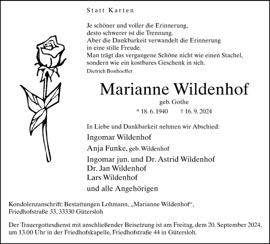 Traueranzeige von Marianne Wildenhof von Neue Westfälische