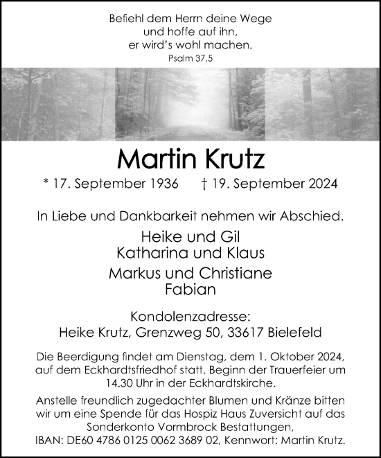 Traueranzeige von Martin Krutz von Neue Westfälische