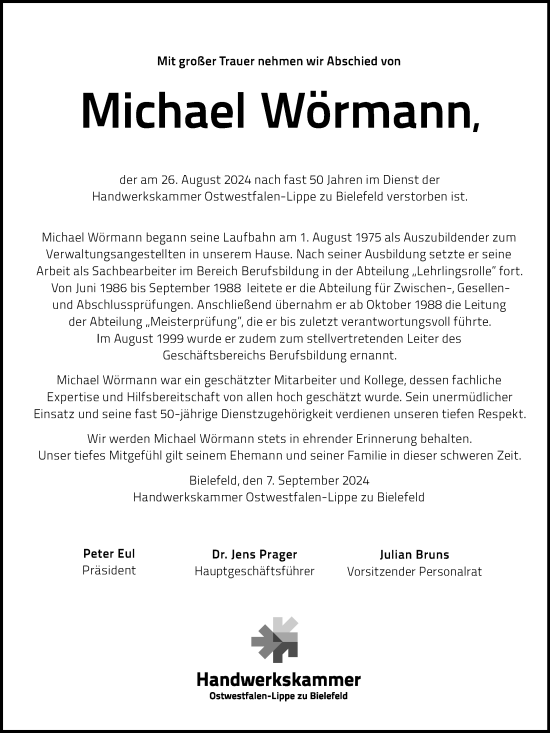 Traueranzeige von Michael Wörmann von Neue Westfälische