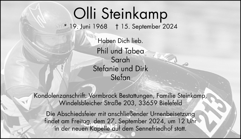  Traueranzeige für Olli Steinkamp vom 21.09.2024 aus Neue Westfälische