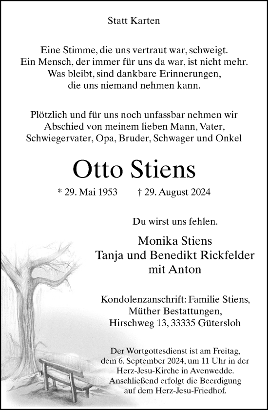 Traueranzeige von Otto Stiens von Neue Westfälische