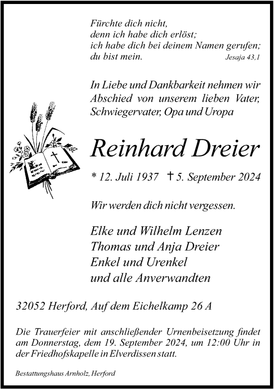 Traueranzeige von Reinhard Dreier von Neue Westfälische