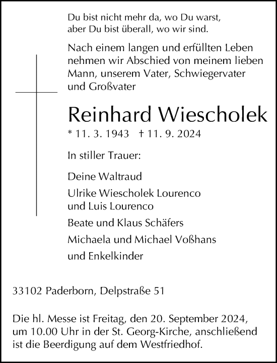 Traueranzeige von Reinhard Wiescholek von Neue Westfälische