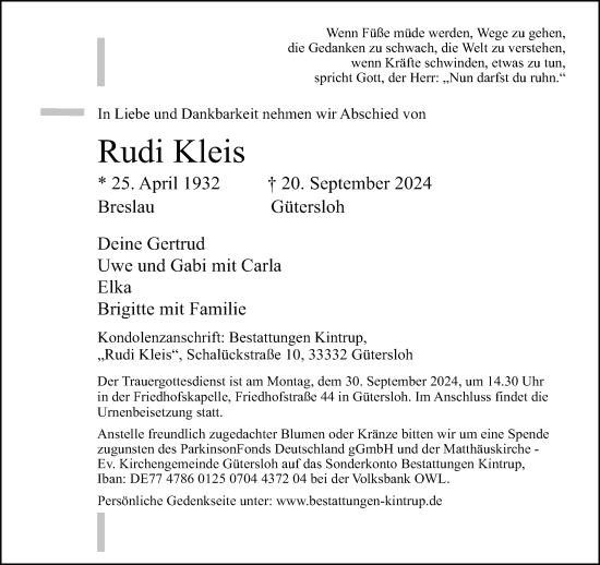 Traueranzeige von Rudi Kleis von Neue Westfälische