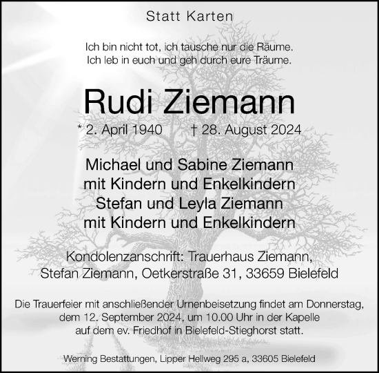 Traueranzeige von Rudi Ziemann von Neue Westfälische