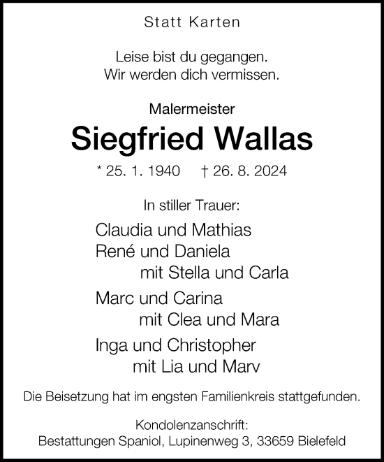 Traueranzeige von Siegfried Wallas von Neue Westfälische