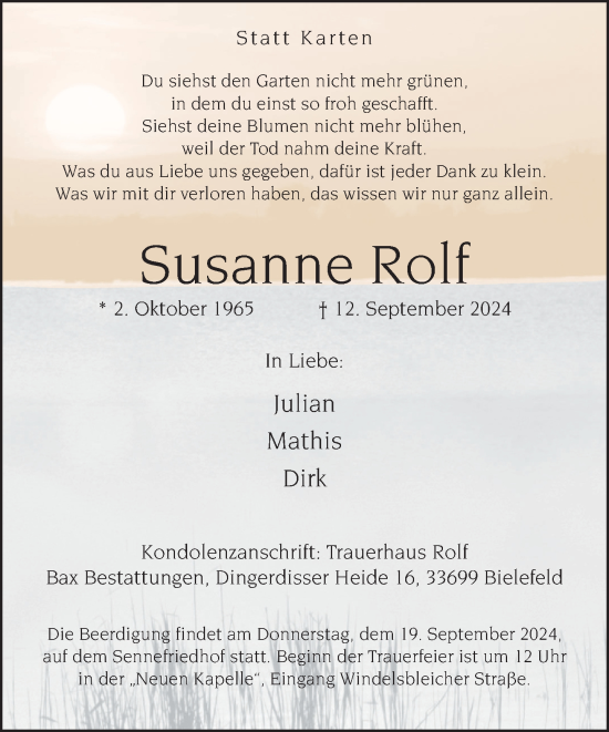 Traueranzeige von Susanne Rolf von Neue Westfälische