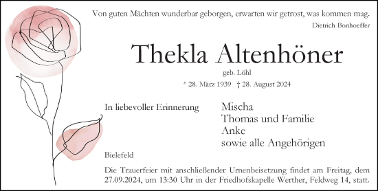 Traueranzeige von Thekla Altenhöner von Neue Westfälische