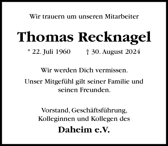 Traueranzeige von Thomas Recknagel von Neue Westfälische