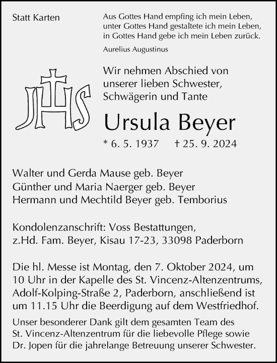 Traueranzeige von Ursula Beyer von Neue Westfälische