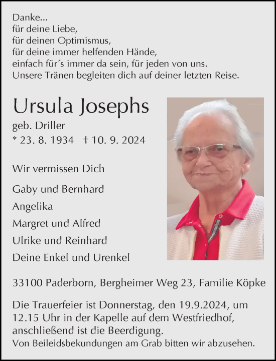 Traueranzeige von Ursula Josephs von Neue Westfälische