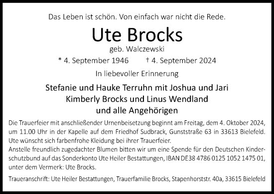 Traueranzeige von Ute Brocks von Neue Westfälische