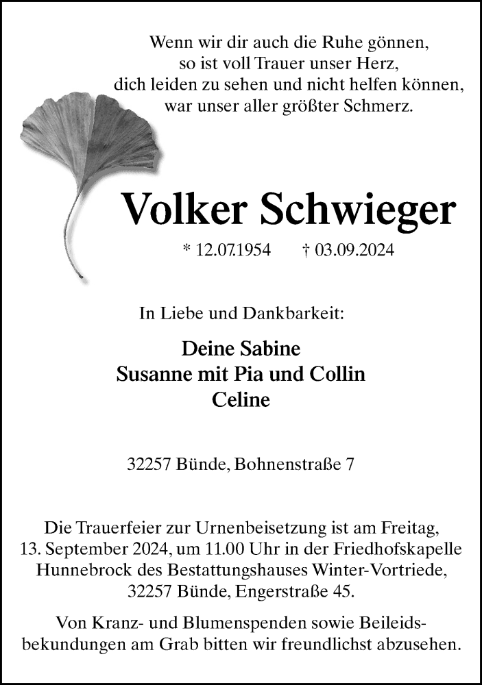  Traueranzeige für Volker Schwieger vom 07.09.2024 aus Neue Westfälische