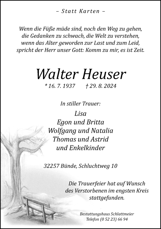 Traueranzeige von Walter Heuser von Neue Westfälische