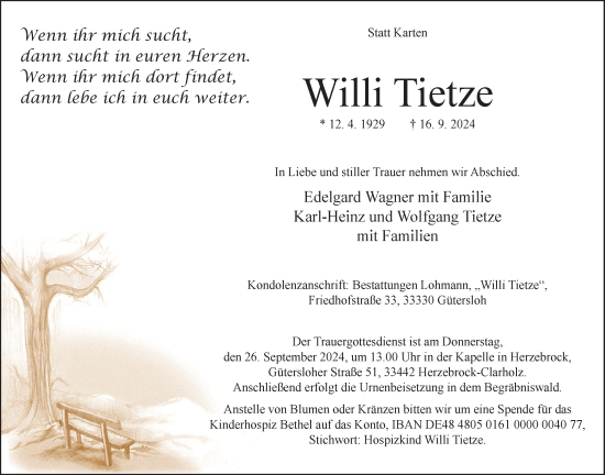 Traueranzeige von Willi Tietze von Neue Westfälische