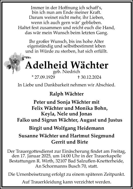 Traueranzeige von Adelheid Wächter von Neue Westfälische