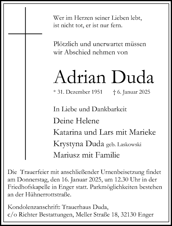 Traueranzeige von Adrian Duda von Neue Westfälische