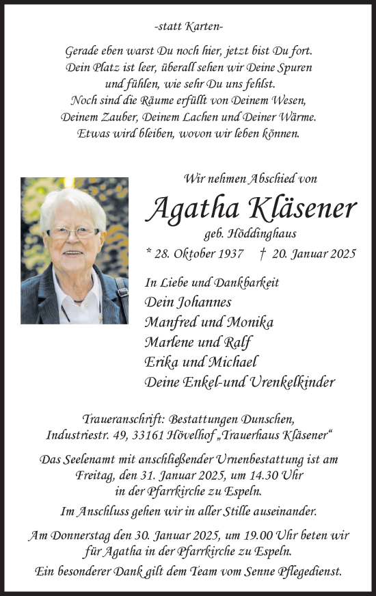 Traueranzeige von Agatha Kläsener von Neue Westfälische und Westfalen-Blatt