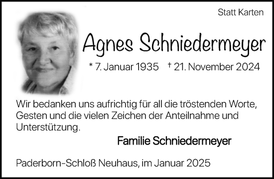 Traueranzeige von Agnes Schniedermeyer von Neue Westfälische