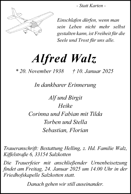 Traueranzeige von Alfred Walz von Neue Westfälische und Westfalen-Blatt