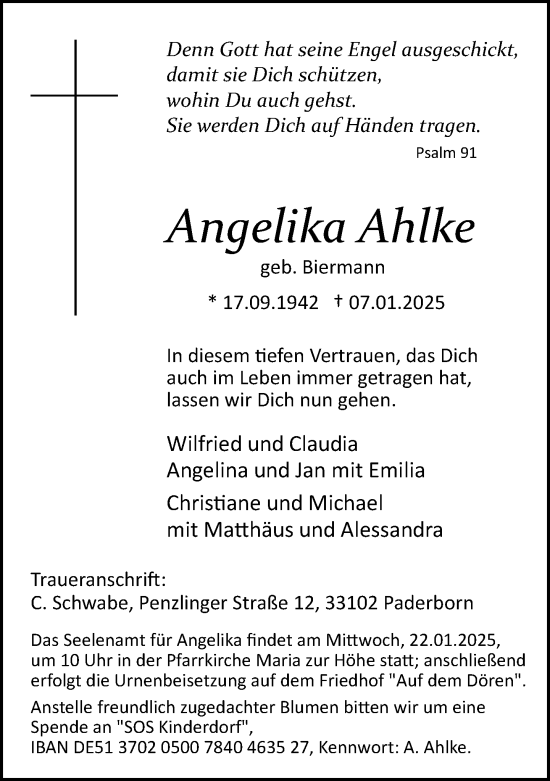 Traueranzeige von Angelika Ahlke von Neue Westfälische