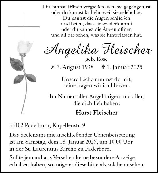Traueranzeige von Angelika Fleischer von Neue Westfälische