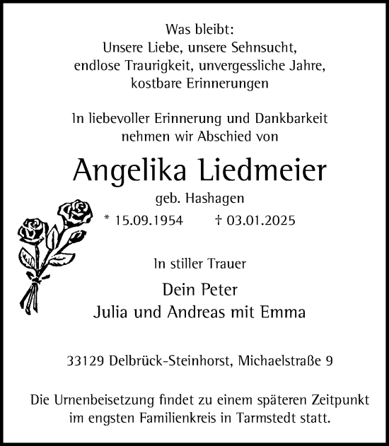 Traueranzeige von Angelika Liedmeier von Neue Westfälische