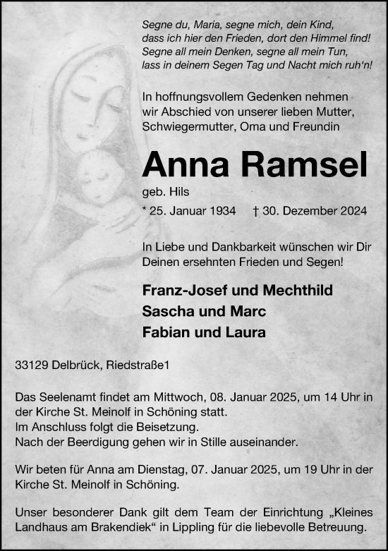 Traueranzeige von Anna Ramsel von Neue Westfälische