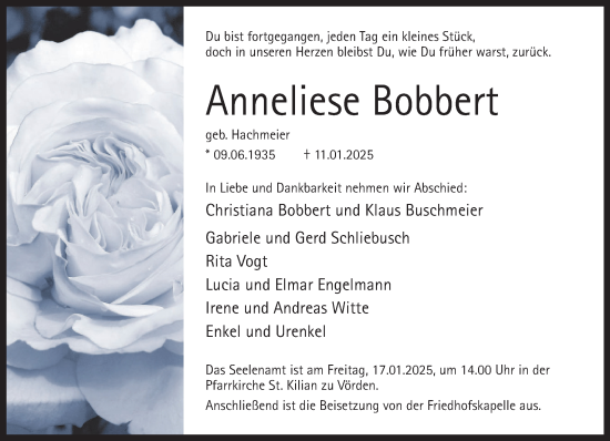 Traueranzeige von Anneliese Bobbert von Neue Westfälische