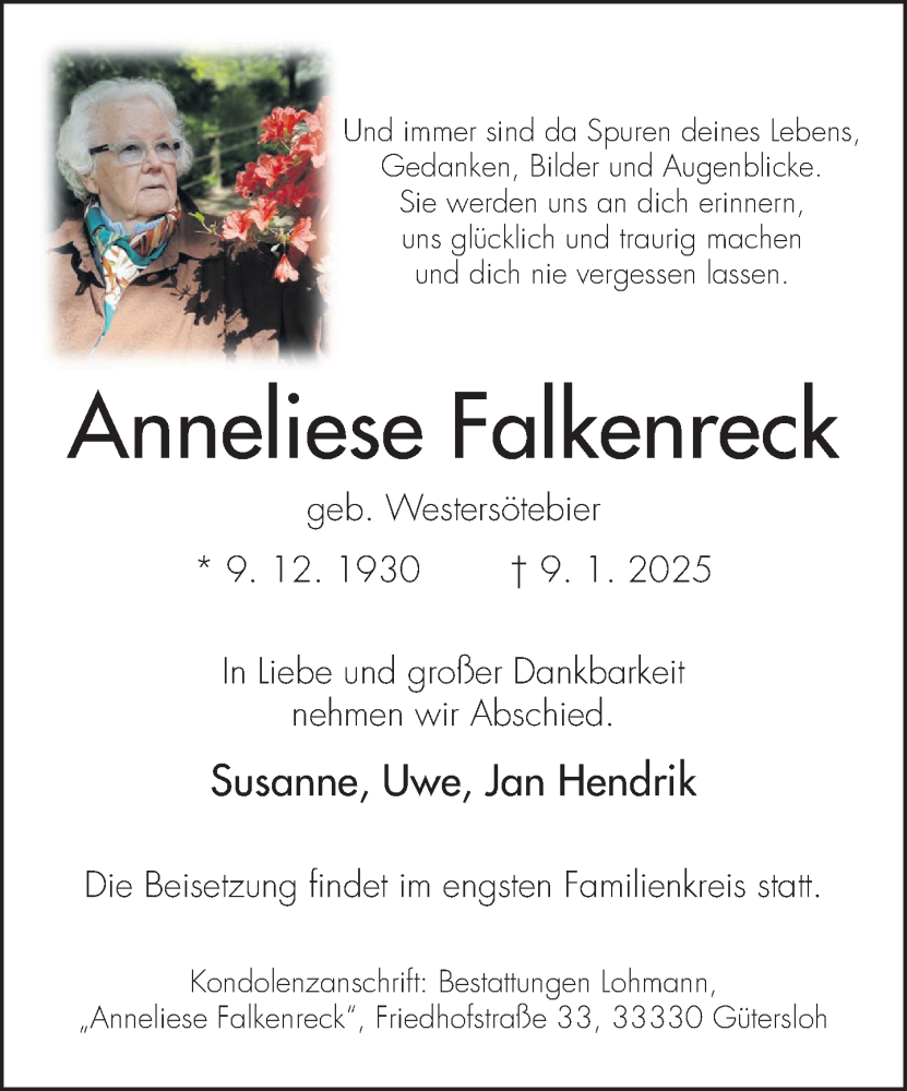  Traueranzeige für Anneliese Falkenreck vom 18.01.2025 aus Neue Westfälische und Westfalen-Blatt